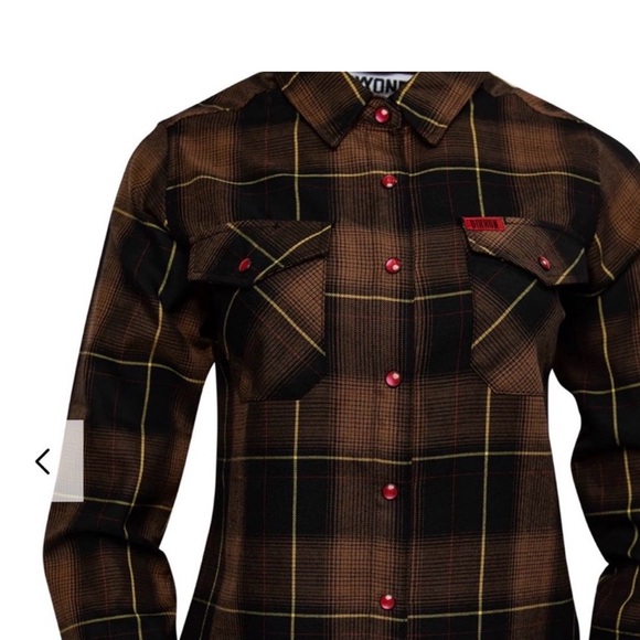DIXXON Jackets & Blazers - DIXXON Women's Flannel shirt - Brown and Black Plaid w/ Red Pearl Snap closure